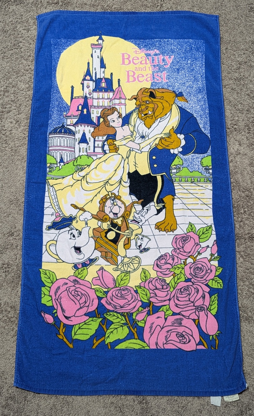 Disney Beauty And The Beast Beach Towel 30x60 Cotton Terrycloth Blue Roses